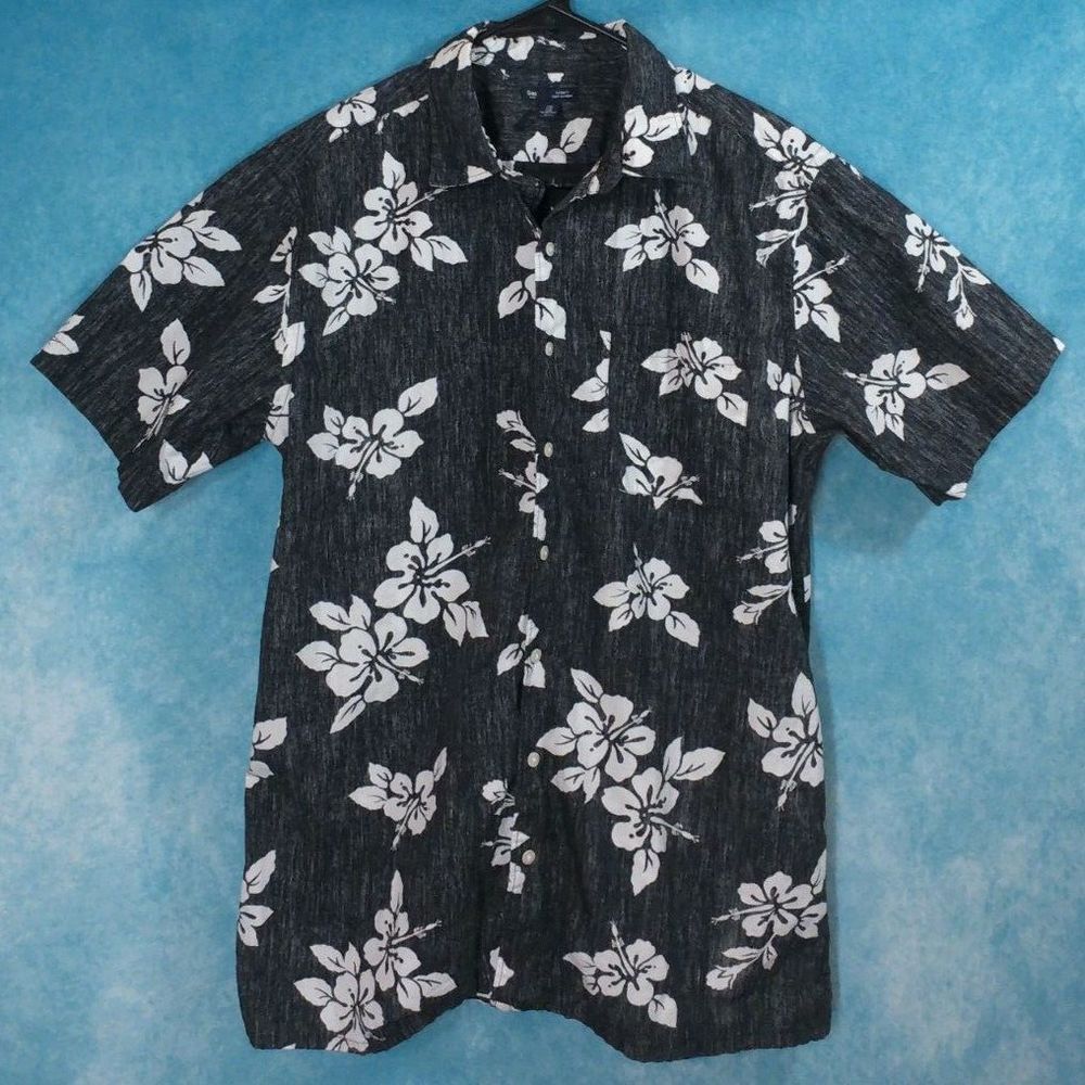 Gap Classic Fit Men's Hawaiian Shirt, Gray/White Floral, Size XL